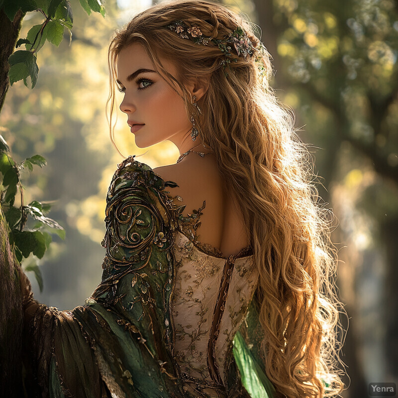 A woman with long, wavy hair and a flowing green dress stands in front of a stone wall.