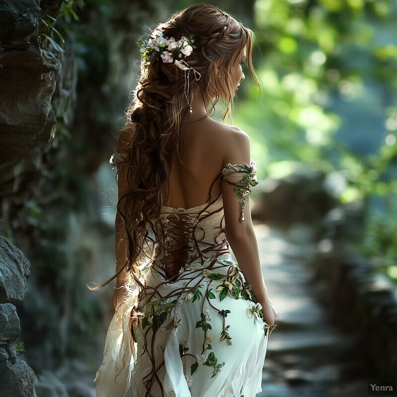 A woman in a white gown with vine and flower patterns stands confidently in front of a stone wall, surrounded by a blurred green forest or garden setting.