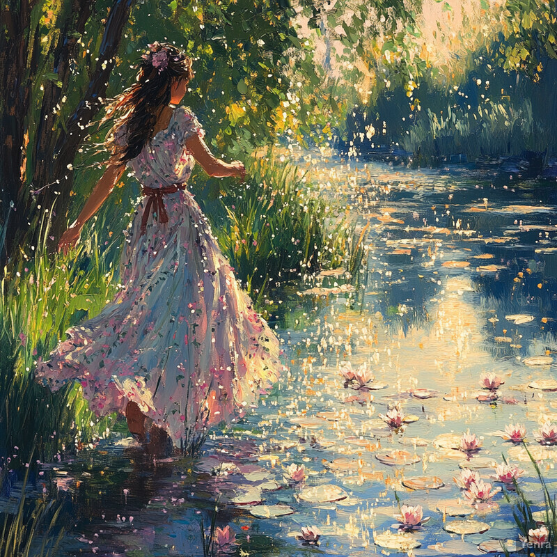 A young girl in a white dress walks through a forest towards a tranquil pond, surrounded by lush foliage and reflected trees on the water's surface.