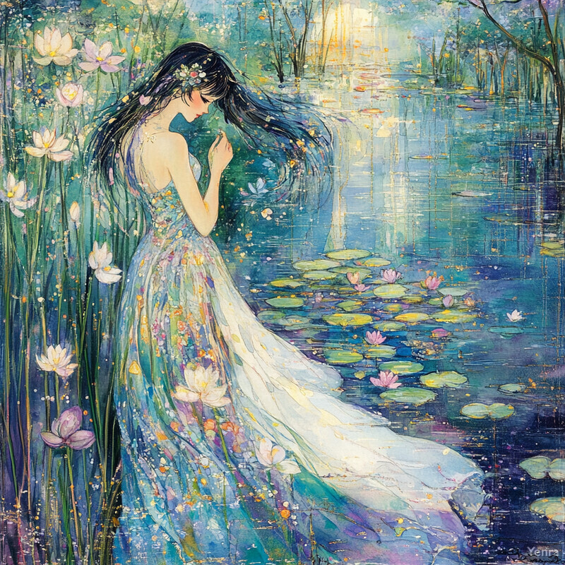 A serene pond surrounded by lush greenery and vibrant flowers, with a female figure standing on its edge, grasping a lily pad and gazing downwards in contemplation.