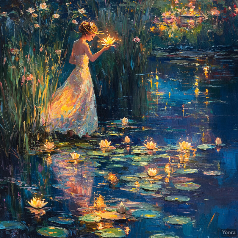 Woman standing in a pond surrounded by lily pads