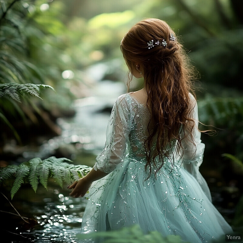 A woman in a white dress stands by a stream in a forest, surrounded by foliage and vibrant flora.