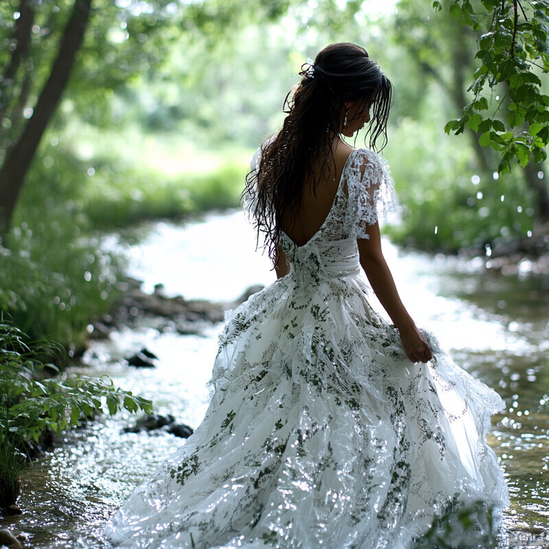 A woman in a white wedding dress stands in shallow water surrounded by greenery.