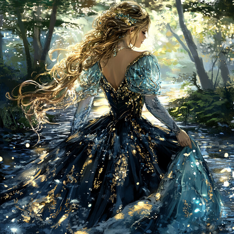 A woman with long hair and a flowing blue dress standing in a forest