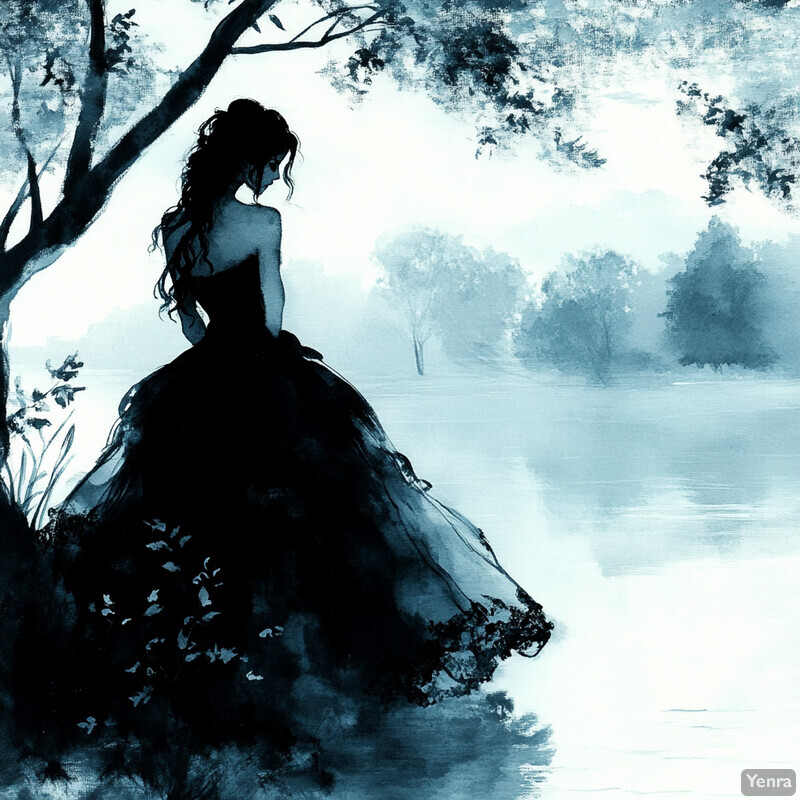 A woman in a flowing gown stands by a misty riverbank, surrounded by a lush forest and bathed in warm sunlight.