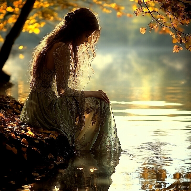 A woman sits on the shore of a lake or river, surrounded by autumnal foliage, lost in thought as she gazes out at the water.