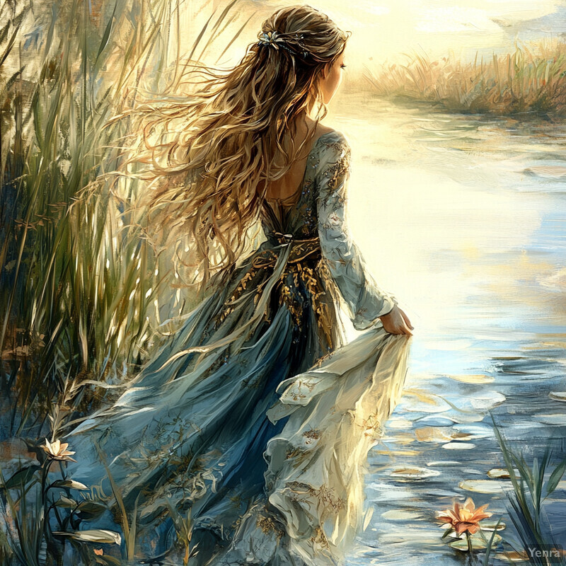 A woman stands by a riverbank, surrounded by lush greenery and vibrant flowers.