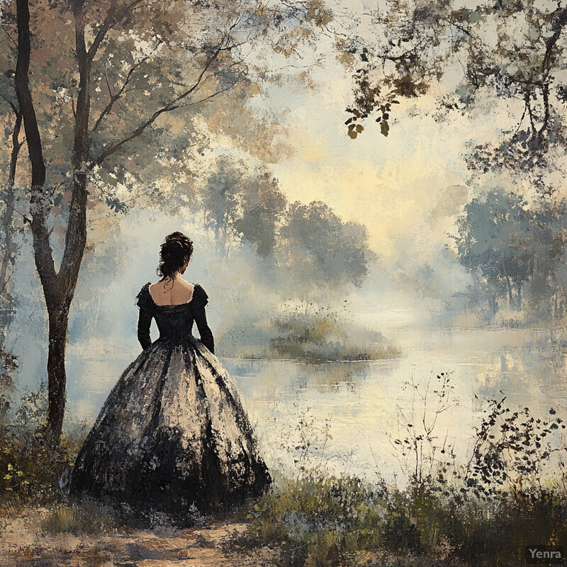 A woman in an elegant black dress stands on the edge of a misty riverbank, surrounded by lush greenery and gazing out at the water.