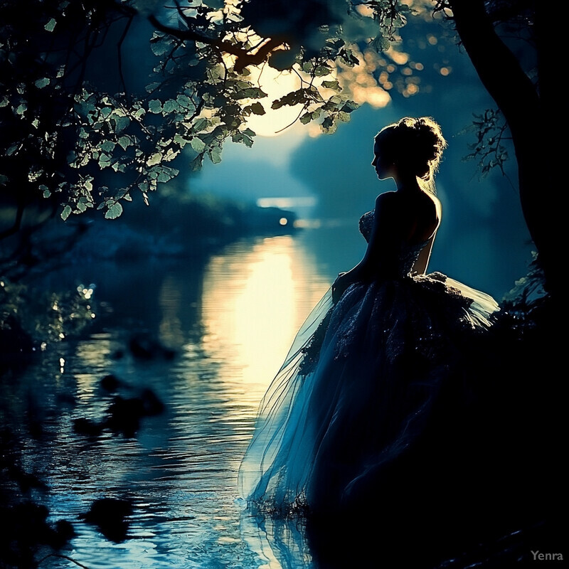 A woman in a flowing gown stands by a tranquil lake at night, surrounded by trees and gazing out at the water with an air of contemplation.