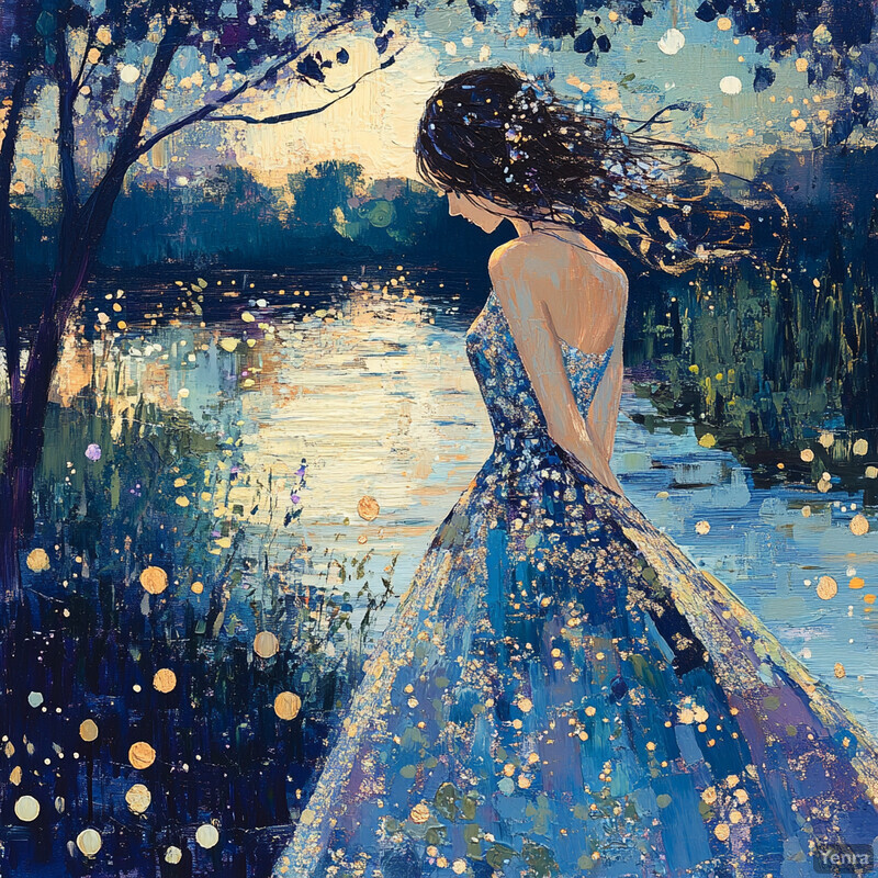 A woman in a blue dress stands by a lake at night, surrounded by an atmosphere of peace and wonder.