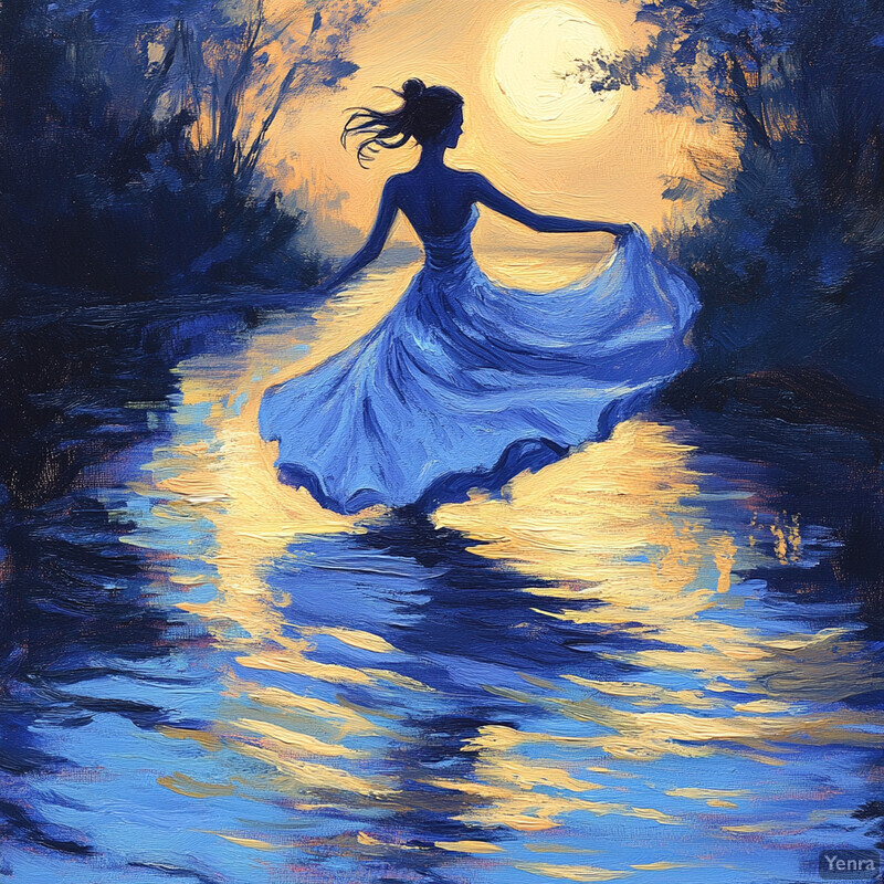 A woman dances in the moonlight on a body of water, surrounded by trees and bathed in silver light.