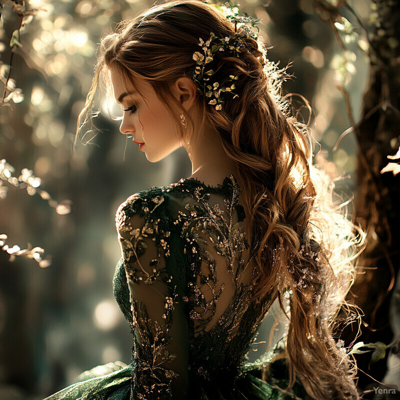 A young woman with long brown hair styled in an intricate braid adorned with flowers, wearing a flowing green dress with a lace bodice and a full skirt.