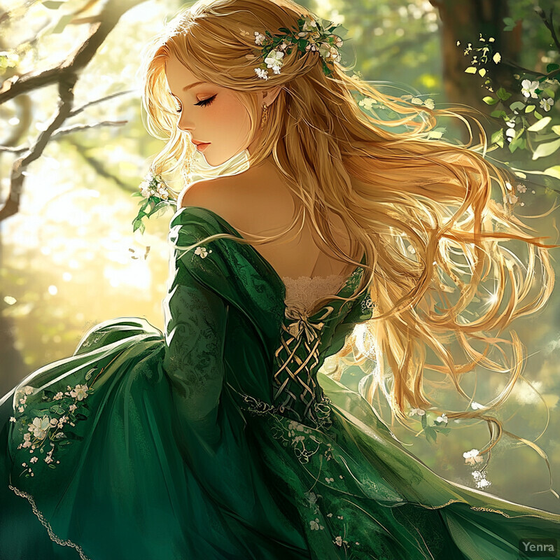 A woman with long blonde hair and flowers in her hair stands in a forest surrounded by trees and foliage, wearing a flowing green dress.