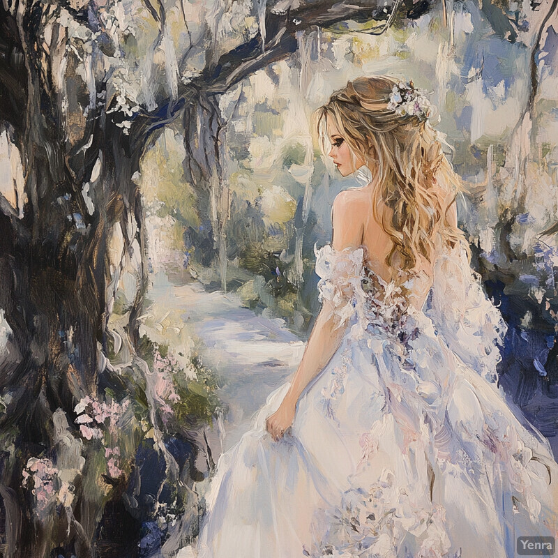 A serene and mystical scene in an enchanted forest, featuring a woman with long blonde hair adorned with flowers, wearing a flowing white dress embroidered with leaves and vines.