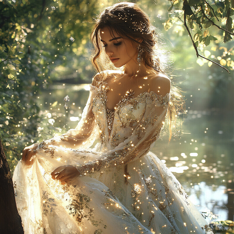 A serene and elegant image of a woman in a white gown holding a flower bouquet, set against a lush green backdrop with dappled sunlight.