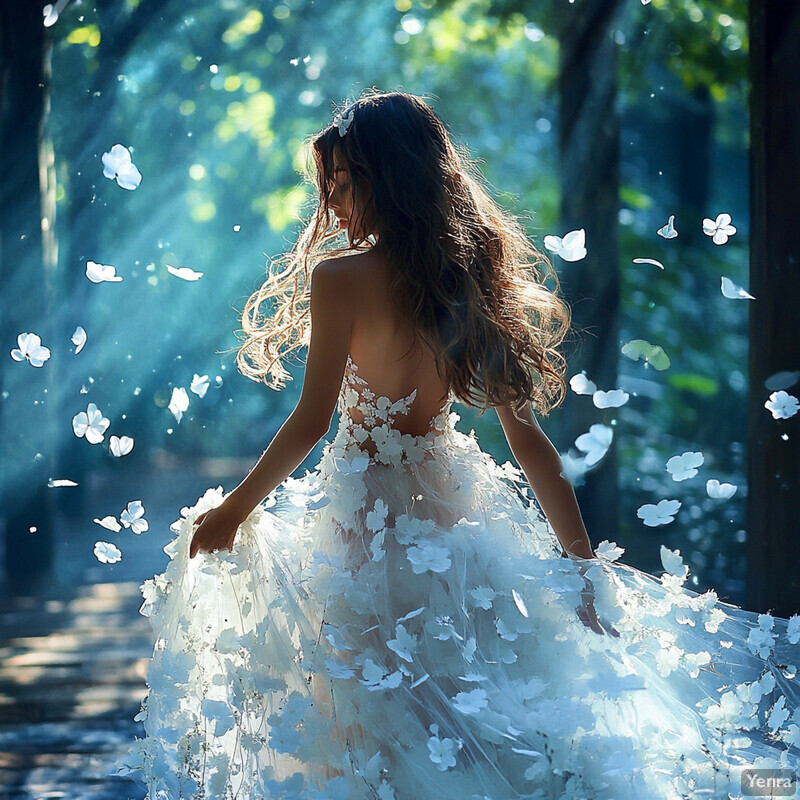 A woman in a white floral dress surrounded by greenery and flowers.