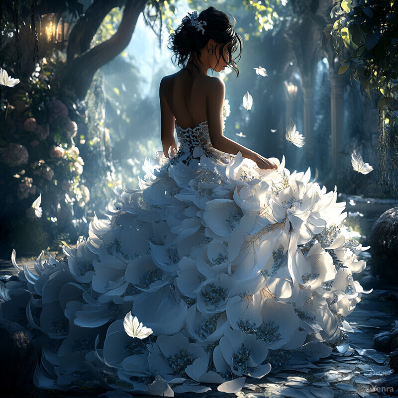 A woman in a stunning white floral ball gown surrounded by lush greenery and vibrant flowers.