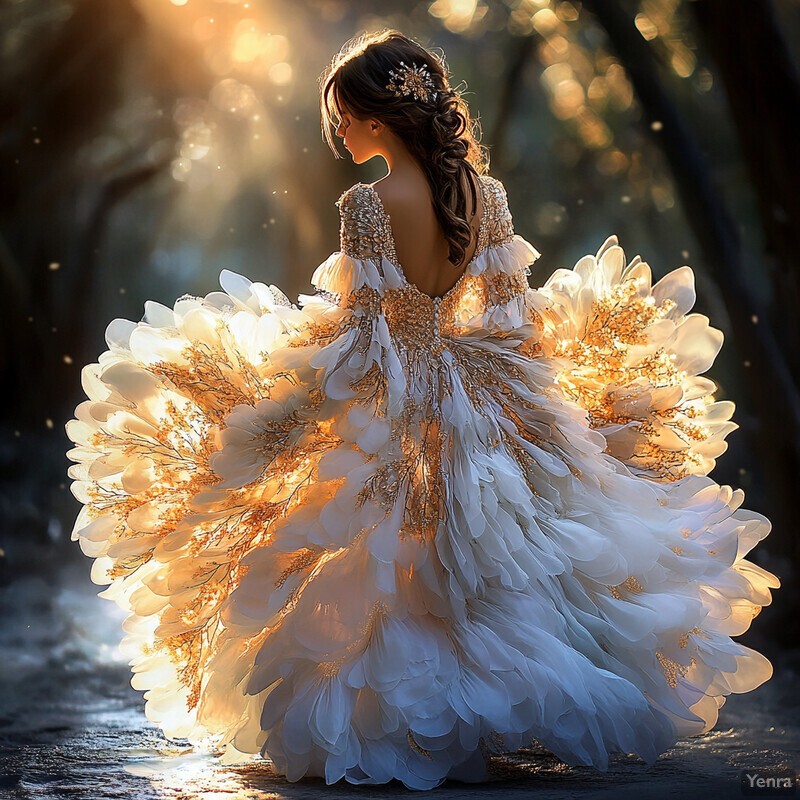 A woman in a stunning white and gold gown stands in front of a blurred background