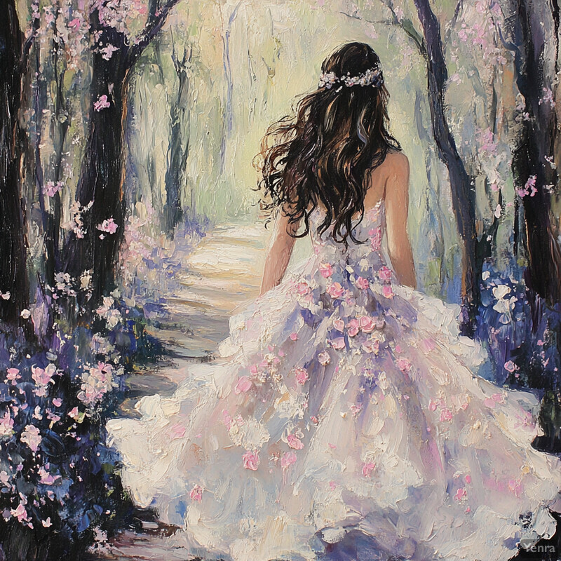 A woman in a white dress with pink flowers walks down a path surrounded by trees and flowers.