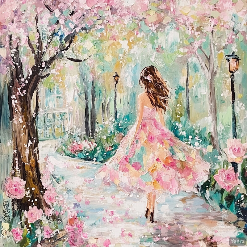 A woman walking down a path surrounded by flowers