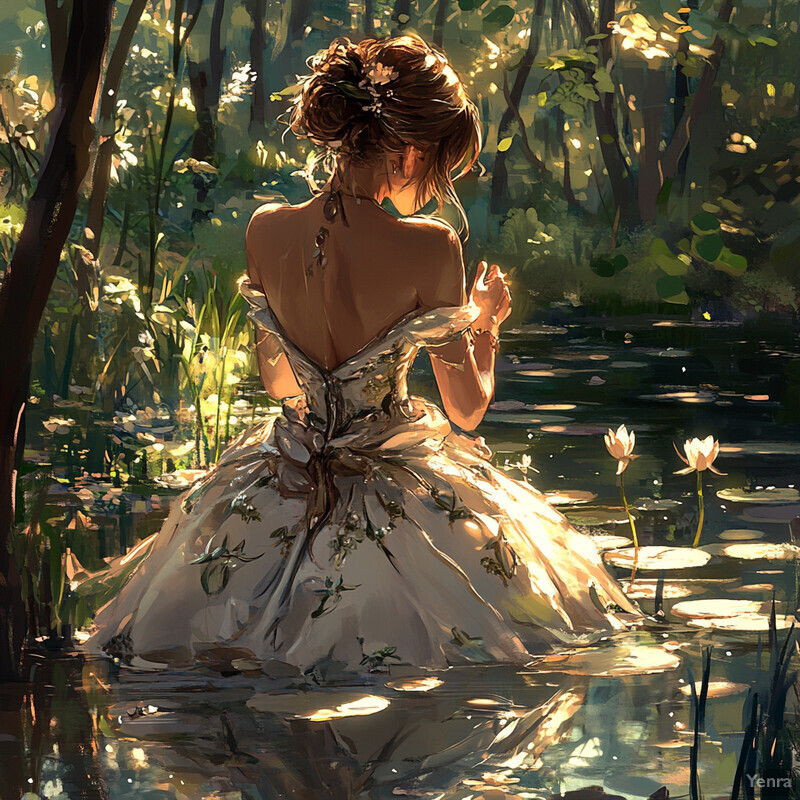 A serene and idyllic scene of a woman standing in a pond, surrounded by lush greenery and vibrant flowers.