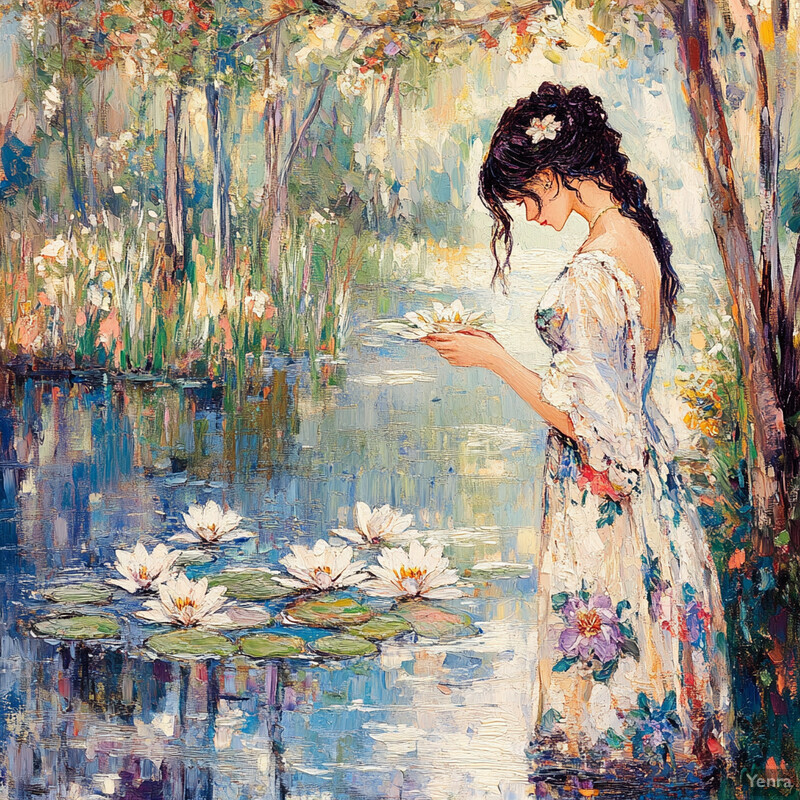 A woman stands by a pond surrounded by lush greenery and vibrant flowers, exuding an air of serenity and peace.