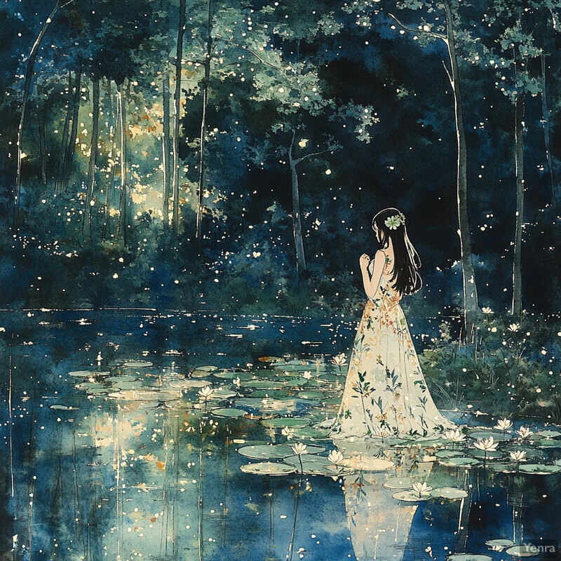 A woman stands in a pond surrounded by lily pads and flowers, lost in thought as she gazes out at the surrounding foliage.