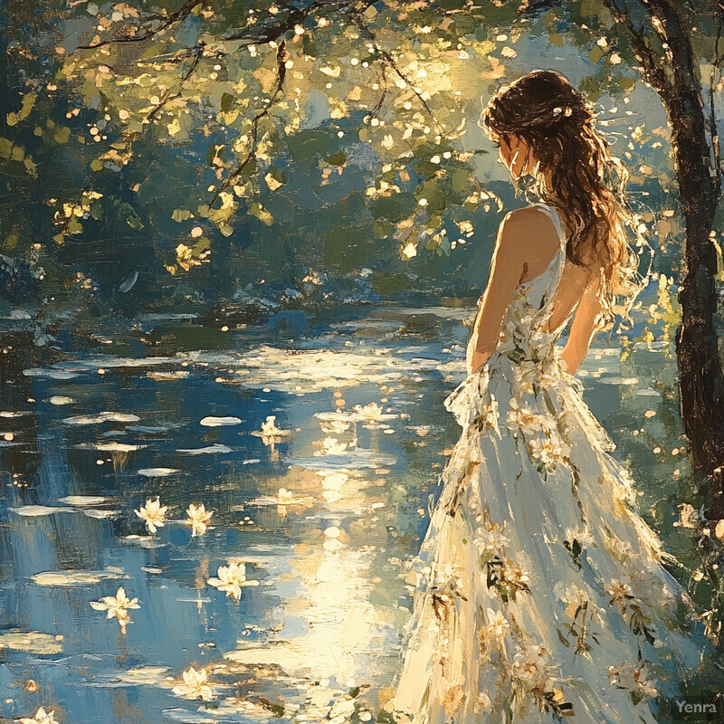 A serene painting of a woman in white standing by a pond, surrounded by lush greenery and vibrant flowers.