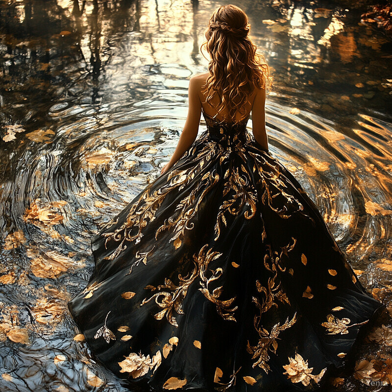 A woman stands in a body of water, wearing a long dark-colored dress with gold embroidery.