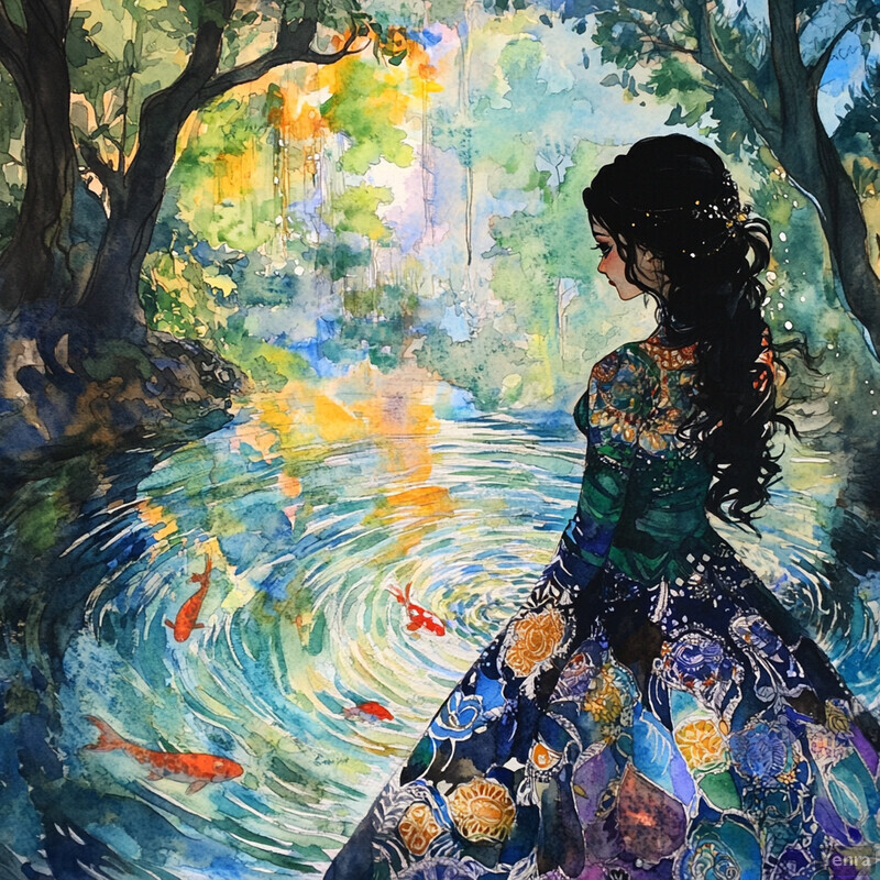 A serene woman stands by a pond surrounded by lush greenery