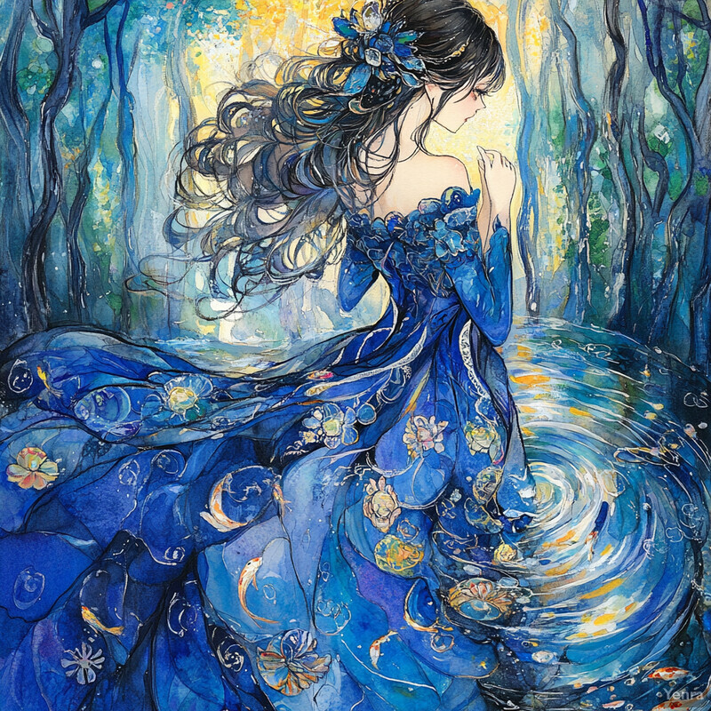 An ethereal woman with long dark hair and a flowing blue dress adorned with flowers and swirling patterns.