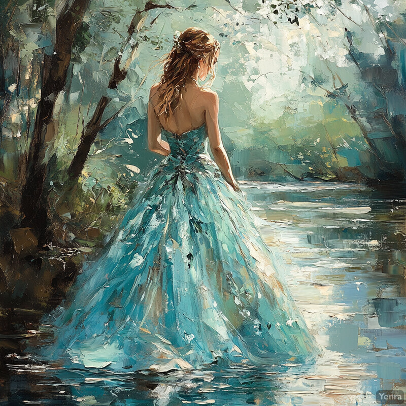 A woman in a blue dress stands by a riverbank, surrounded by nature's serenity.