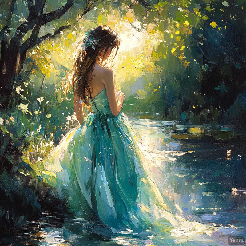 A serene and idyllic scene of a woman in a flowing teal dress standing by a riverbank, surrounded by lush greenery and vibrant flowers.