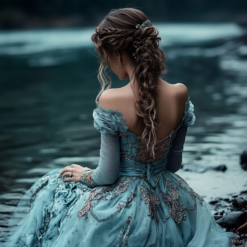 A woman stands on a rocky beach, gazing out at the ocean in her flowing white dress adorned with a vibrant floral pattern.