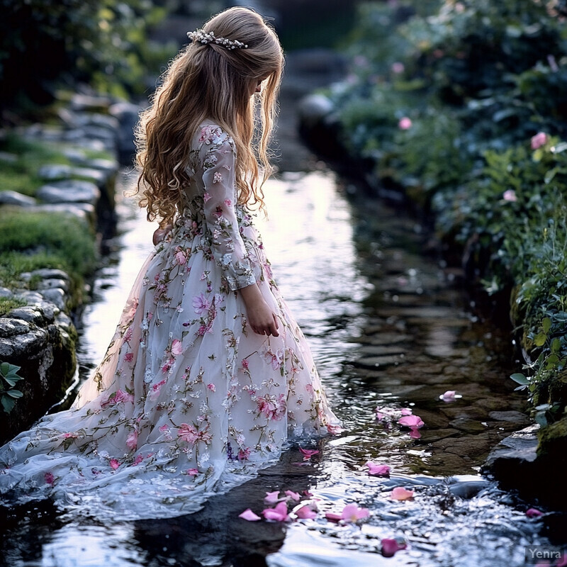 A young girl stands in shallow water surrounded by greenery and flowers, wearing a white dress with pink floral embroidery.