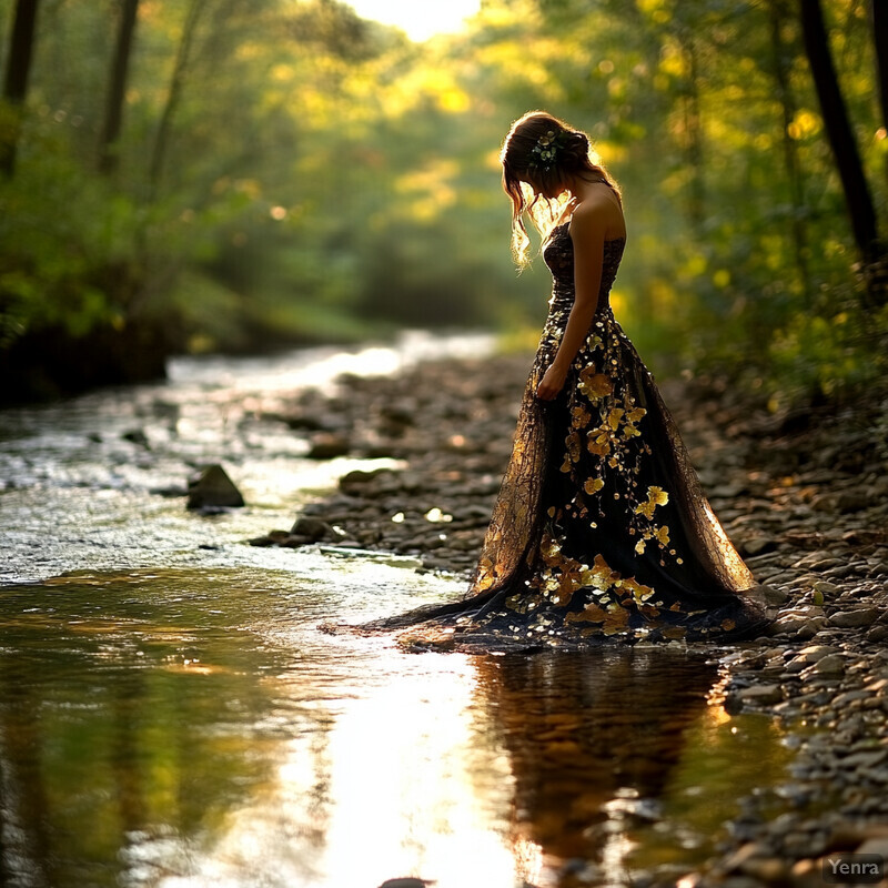 A woman stands in a riverbed surrounded by greenery and trees, wearing a black dress with gold flowers.