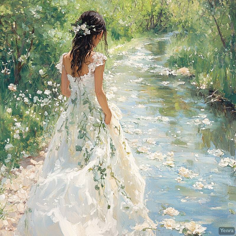 A woman in a white wedding dress walks along a riverbank, surrounded by lush greenery and vibrant flowers.