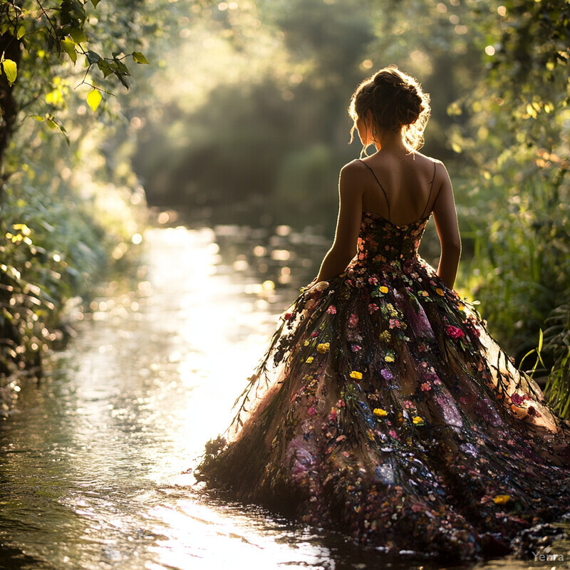 A woman stands in a river, wearing a beautiful floral gown