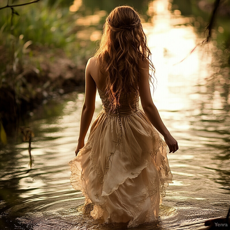 A serene image of a woman standing in shallow water, gazing out at the calm surface.