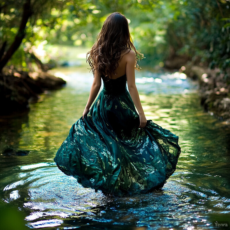 A woman stands in a river, wearing a long green dress.