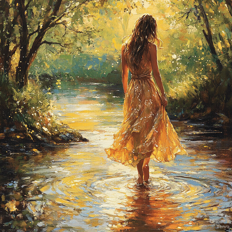 A woman walking through a river in a yellow dress