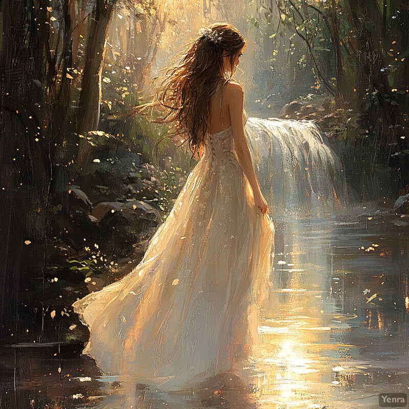 A woman stands in front of a waterfall, surrounded by lush greenery, exuding confidence and serenity.