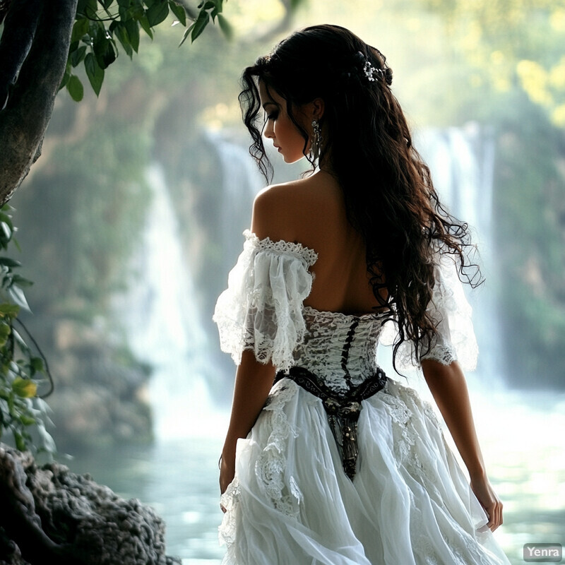 A woman stands in front of a waterfall, wearing a white dress with lace sleeves and a black belt.