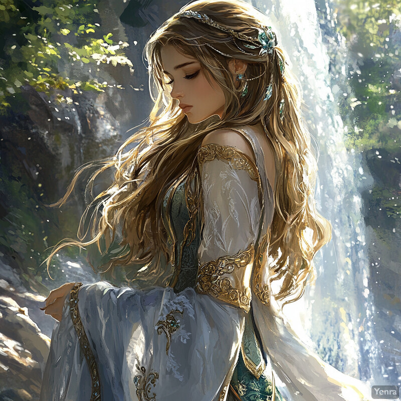 A serene and enchanting scene of a woman standing in front of a waterfall.