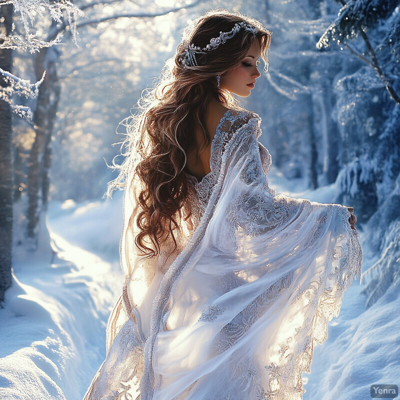 A woman in a stunning white wedding gown stands amidst snow-covered trees, bathed in the warm light of the setting sun.