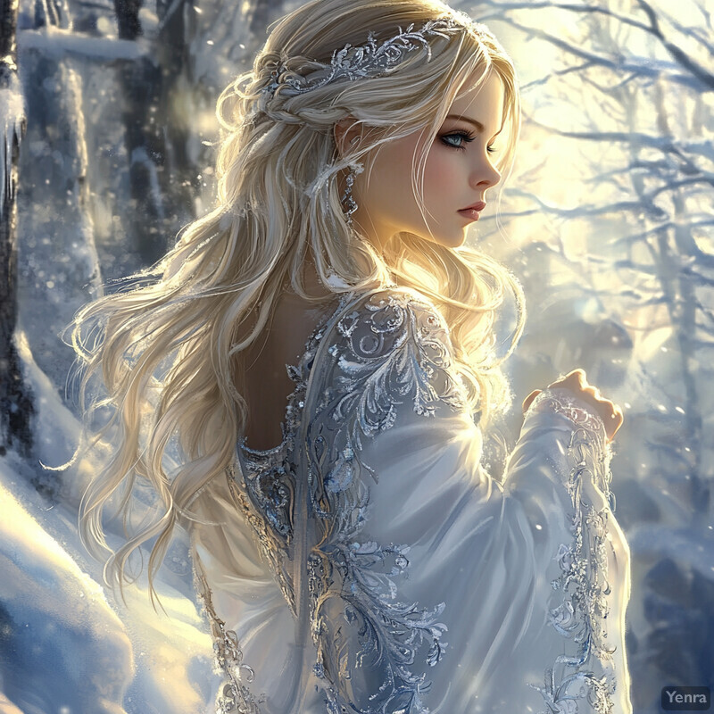 A woman with long blonde hair and blue eyes wearing an ornate white dress in a snowy forest