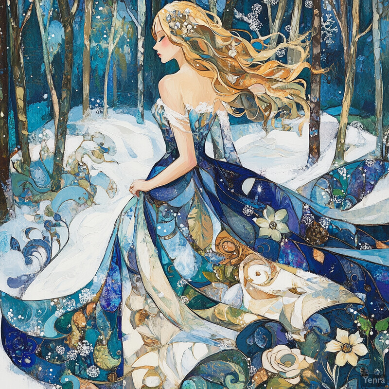 A woman stands in a snowy forest, her blue dress adorned with flowers and leaves.