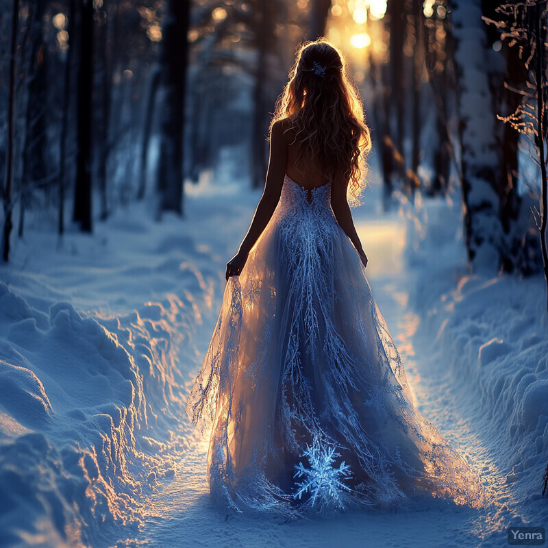 A woman in a wedding dress walks through a snowy forest