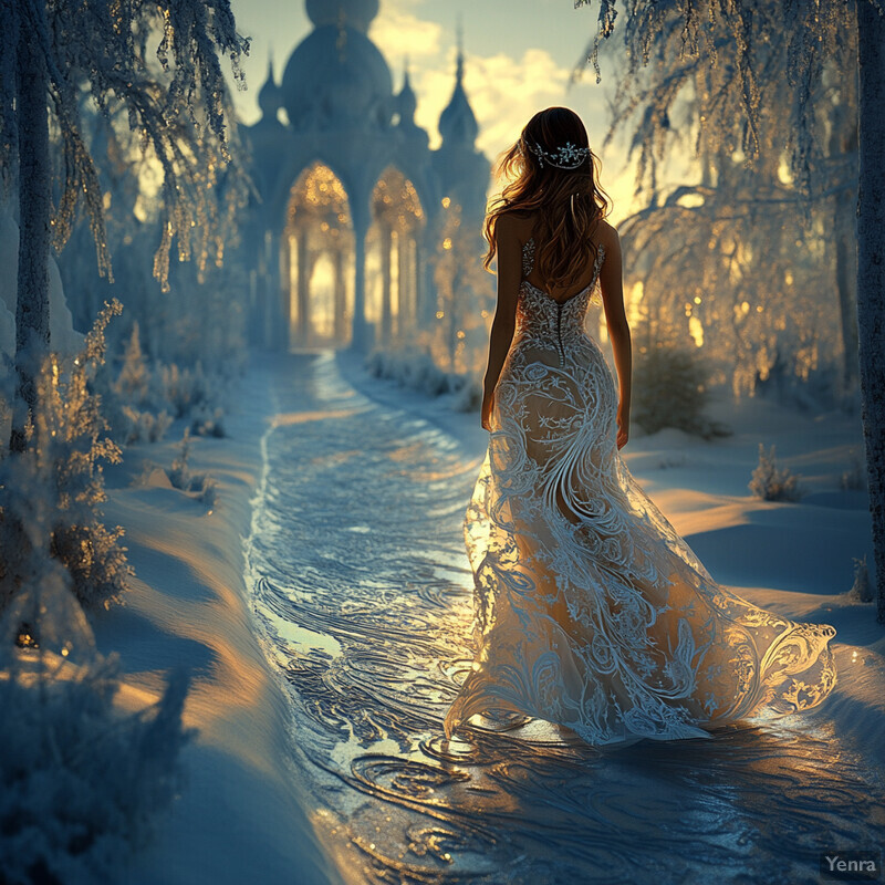 A woman walks away from the camera down a snowy path, wearing an elegant white wedding dress with intricate lace and beading.