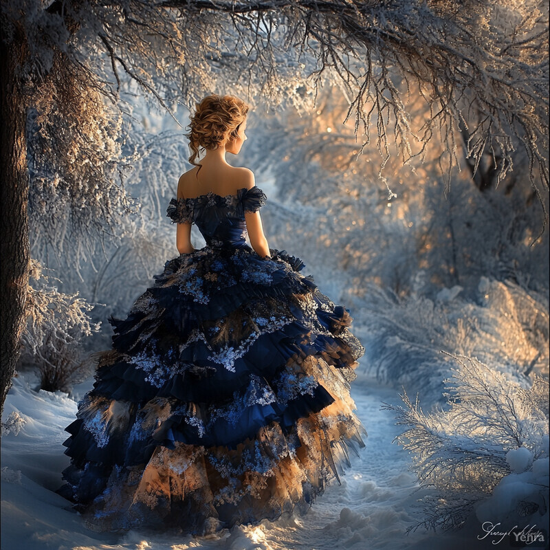 A woman in a blue ball gown stands in a snowy forest, surrounded by snow-covered trees.